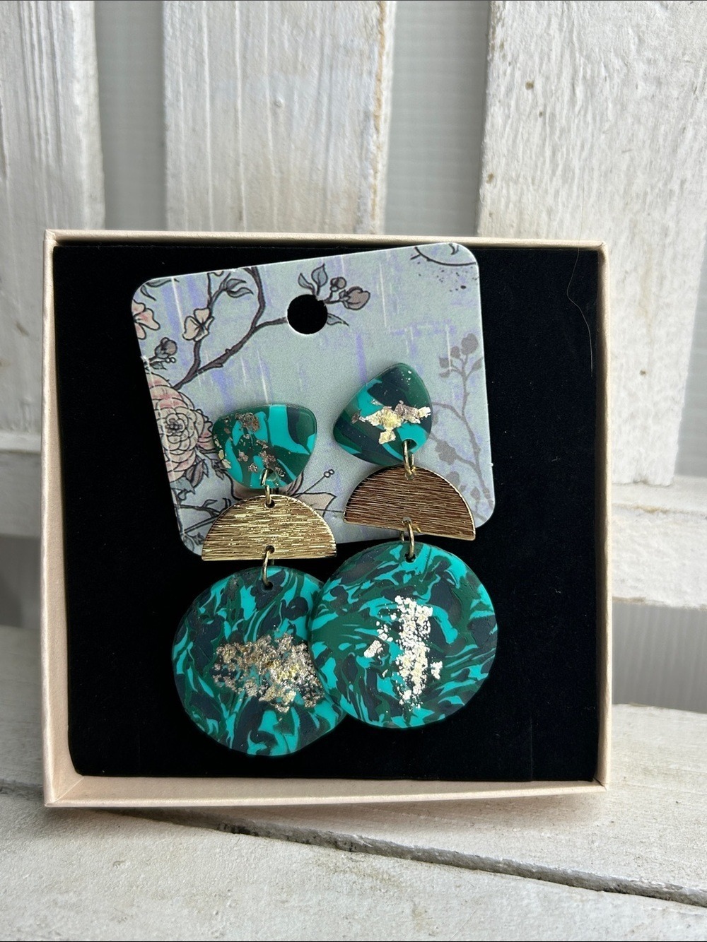 Teal & Black Marbled Drop Earrings with Gold Semi-Circles
